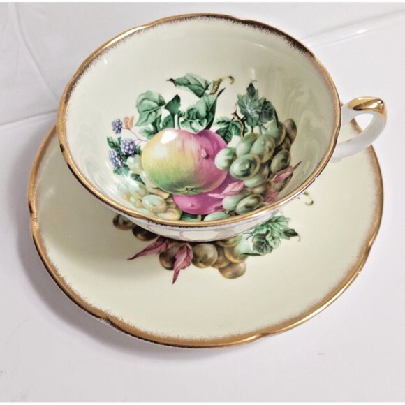 Royal Grafton England Fine Bone China Cup & Saucer Set Apples & Grapes 1930's - Picture 3 of 13